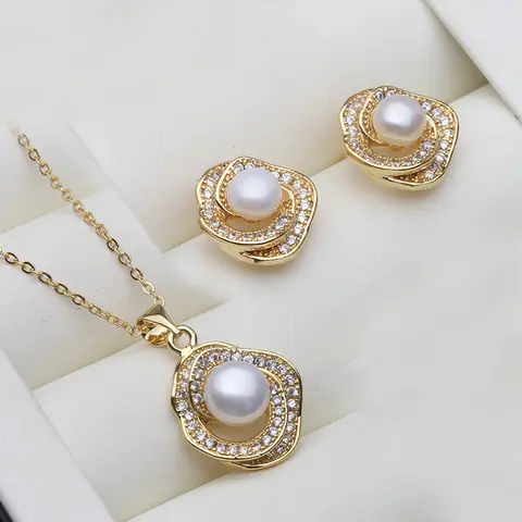 Real Natural Pearl Necklace And Earrings Sets For Woman,Wedding 18k Gold Plated Freshwater Pearl Set Wife Anniversary Gift White