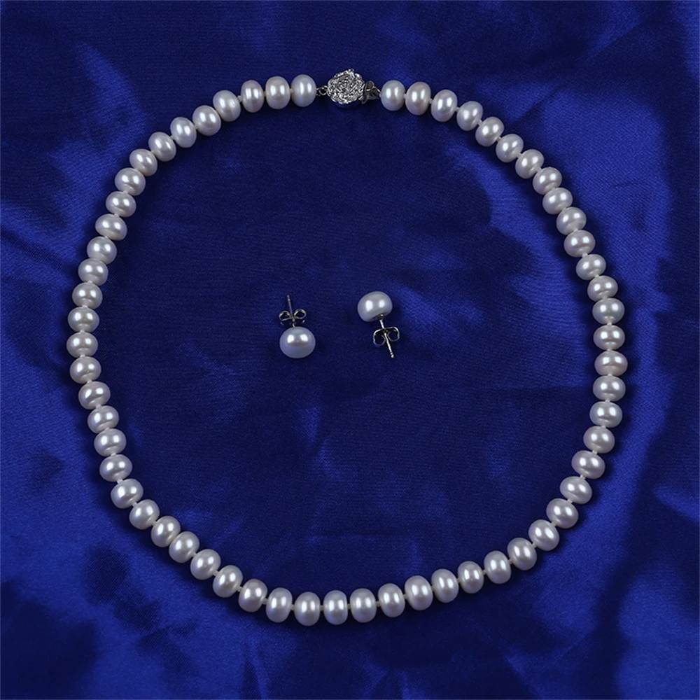 Hot Sale Ornament Set Necklace and Earrings with 6-6.5mm Real Freshwater Button Pearl