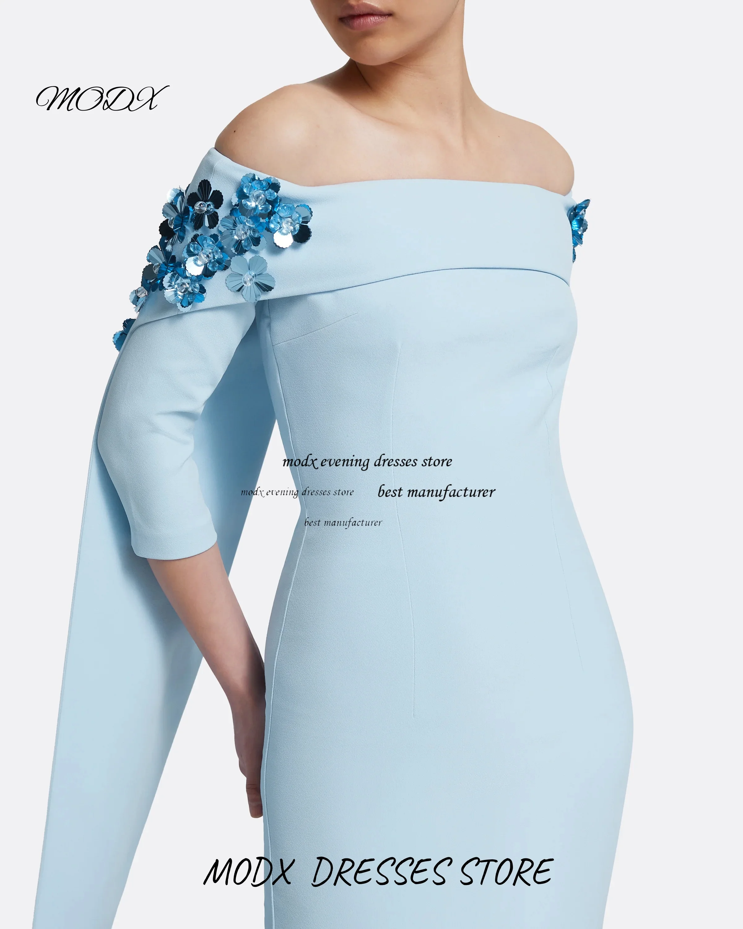 MODX Maßgeschneidertes Saudi-Arabien-Meerjungfrau-Abschlussballkleid aus blauem Satin mit langen Ärmeln und Perlenverzierungen, bodenlanges Partykleid für formelle Anlässe