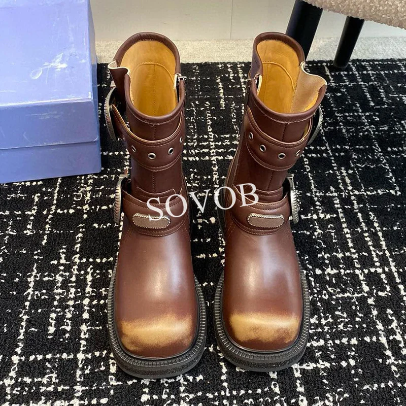 Round Toe Genuine Leather Mid-calf Botas Women's Retro Style Belt Buckle Decor Short Boots  Autumn Winter Punk Motorcycle Boots