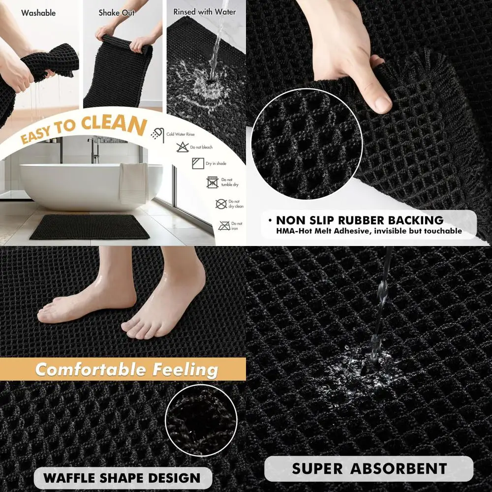 

Non-Slip Boho Style Shower Rugs, Absorbent Mats with Rubber Backing, Black, 17x24 and 18x30 Inches