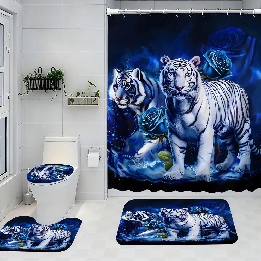 

White Tiger Bathroom Four-Piece Set - Avant-garde Waterproof Shower Curtain, creating a complete bathroom kit