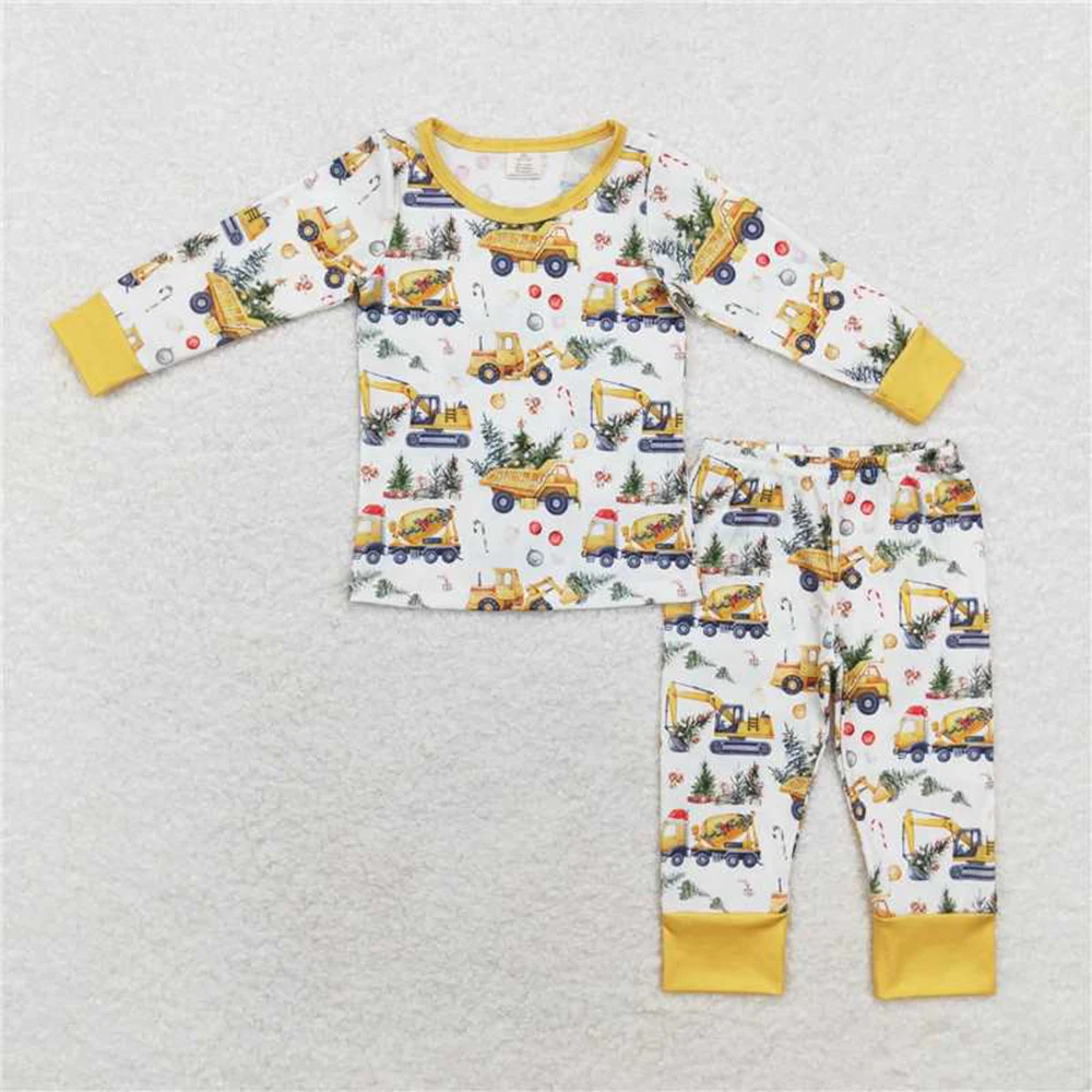 Kids Matching Clothes Long Sleeve Set And Romper With Modal Christmas Tree Engineering Truck Beige Print Children Boys Clothes