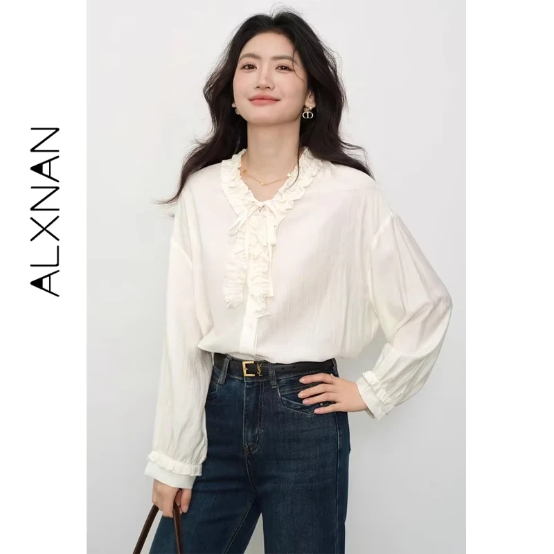 ALXNAN 여성 셔츠 러플 브이넥 타이 버튼 가을 공식 블라우스 2025 다용도 출퇴근용 여성 긴팔 탑 L57175