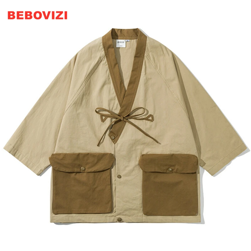 2025 Summer New Trend Patchwork Robe Jacket Men Japanese Loose Samurai Shirt Haori Traditional Clothes Thai Khaki Blue