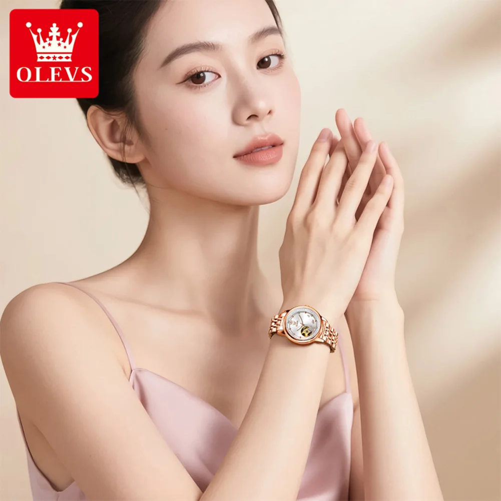 OLEVS 6732 Top Brand Ladies Automatic Wristwatch Hollowed  Luminous Luxury Original Mechancial Watch for Women