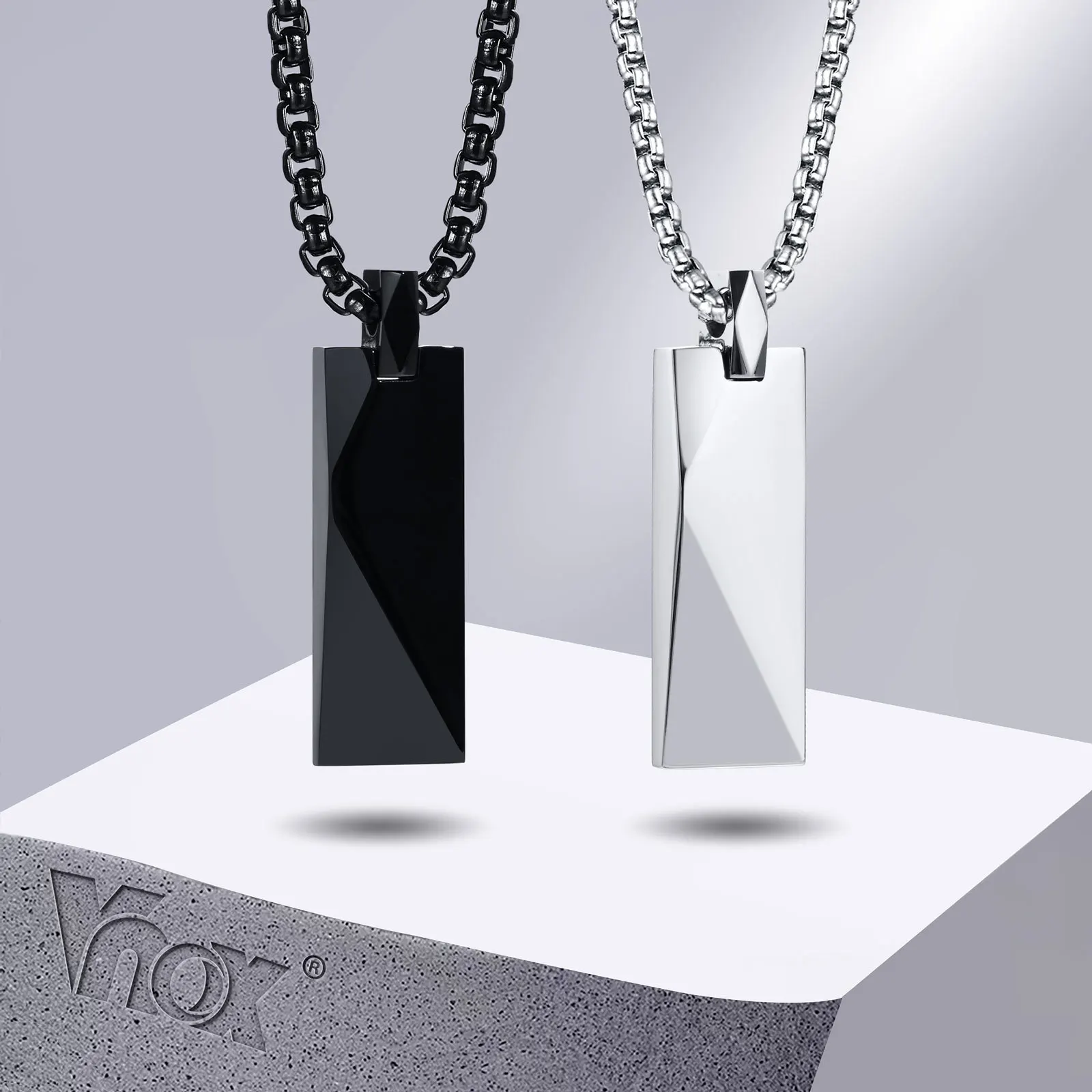 Vnox Mens Stylish Geometric Rectangle Pendant Necklace,Stainless Steel Length Adjustable Box Chain, Male Jewelry Gift