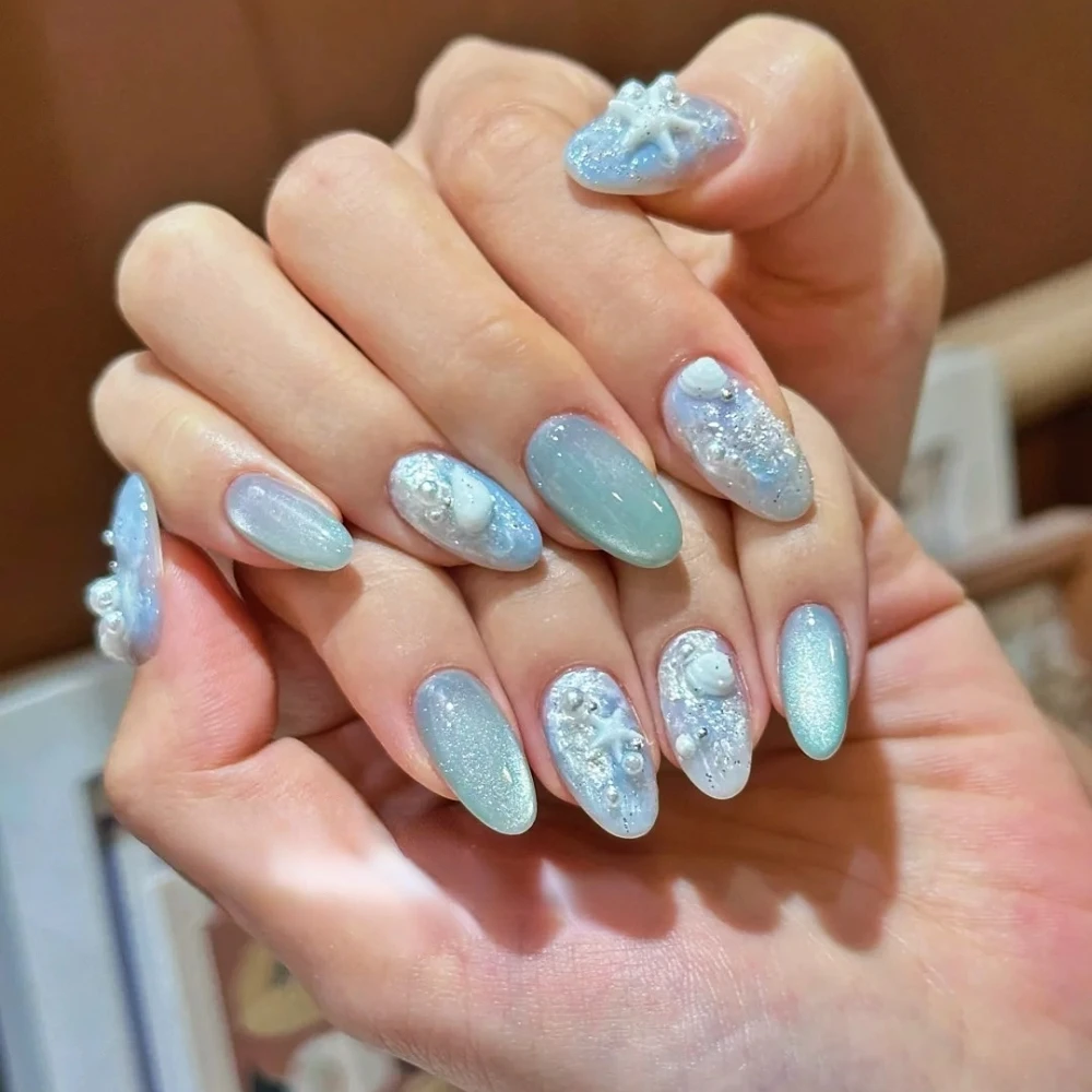 

10Pcs Handmade Manicure Medium Almond Fake Nails Summer Starfish Limited Nails Press On Nails Design with Adhesive Nail File Set