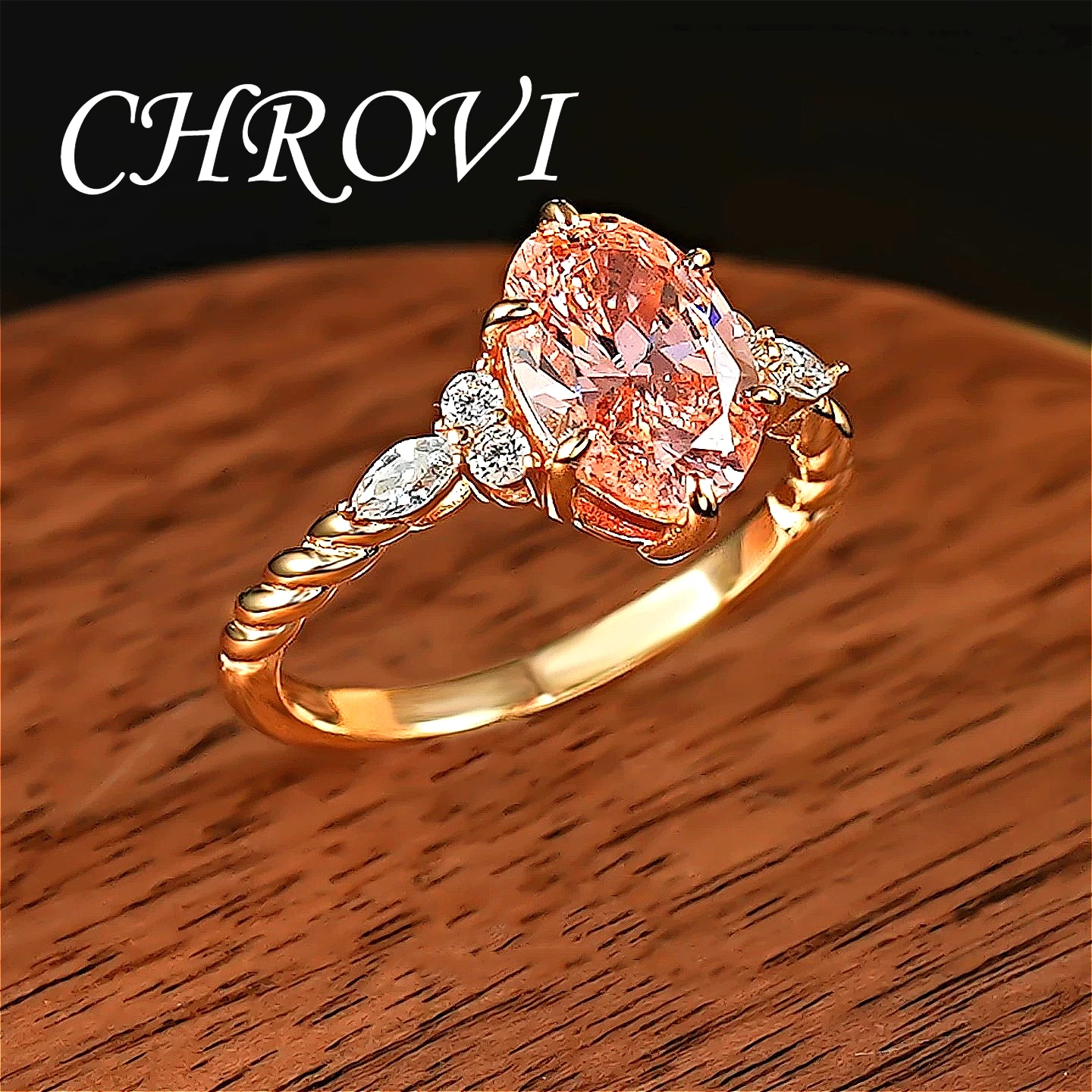 Vintage 925 Sterling Silver Pink Orange Ring Set with High Carbon Diamond Twisted Rope Wedding Ring for Women