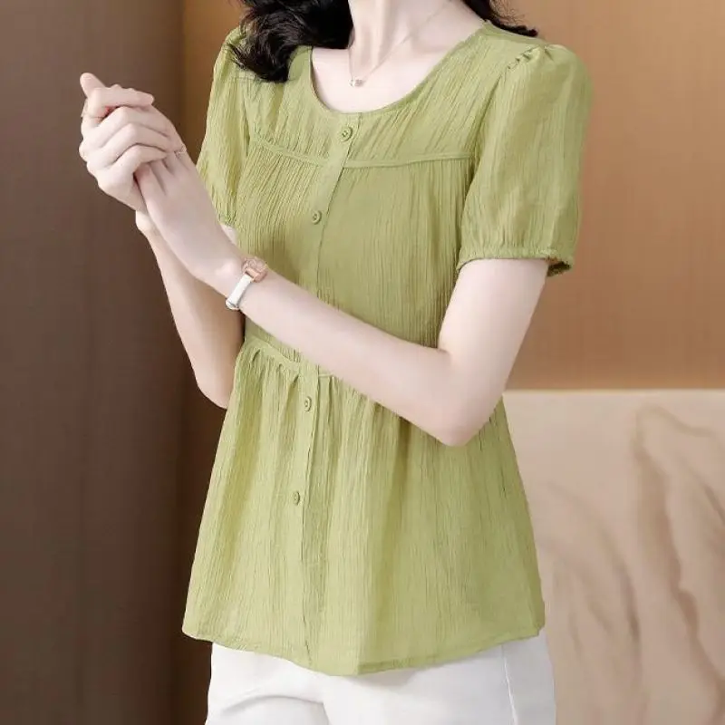 2024 koreanische Pendler Sommer neue Frauen Rundhals ausschnitt Knopf gespleißt All-Match elegante lose Kurzarm lässige Chiffon-Tops