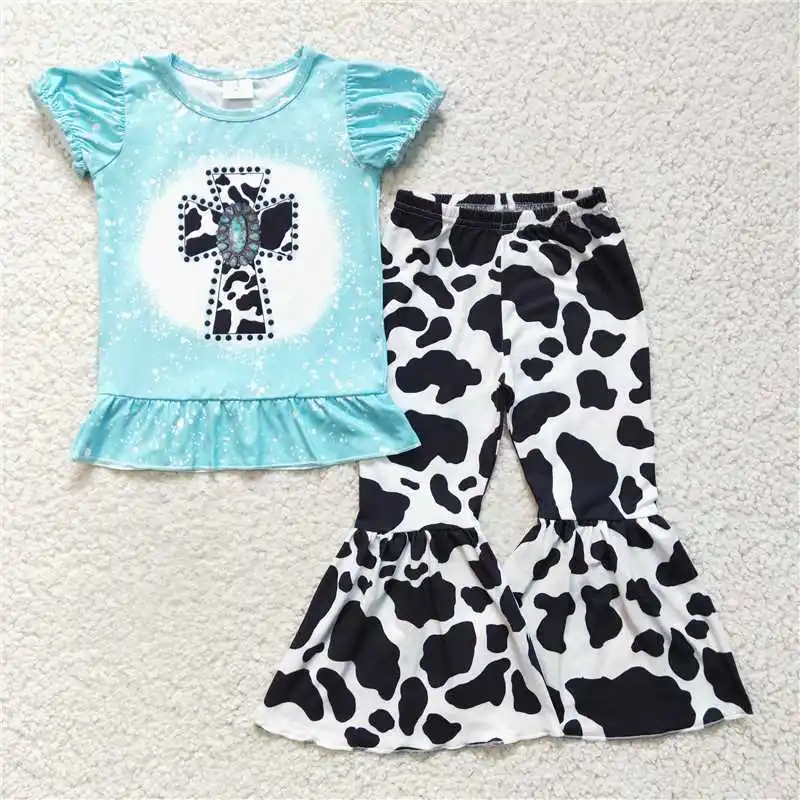 Z1011-23 Wholesale Summer Short Sleeve Pants Suit Flared Pants Multi-Element Round Neck Pattern Bright Colors