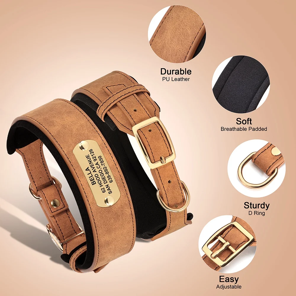 Personalizede Leather Dog Collar with Name Address Soft Padded Adjustable Puppy Collar for Medium Large Dogs