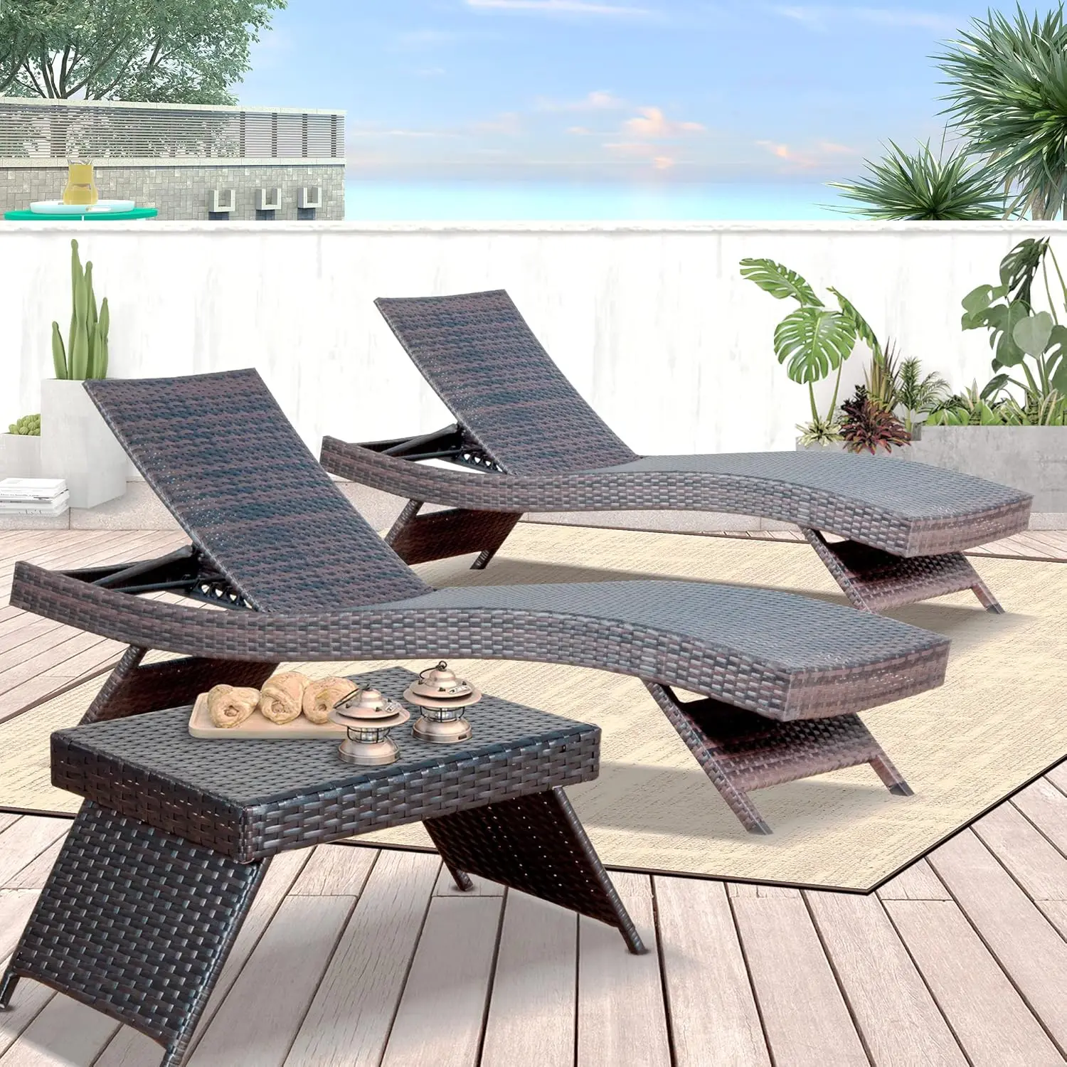 Pe Rattan Adjustable Backrest Chaise Lounge Set 2 With 1 Side Table, Outdoor Pool Recliner Patio Chairs Lounge Chair Set 2 With