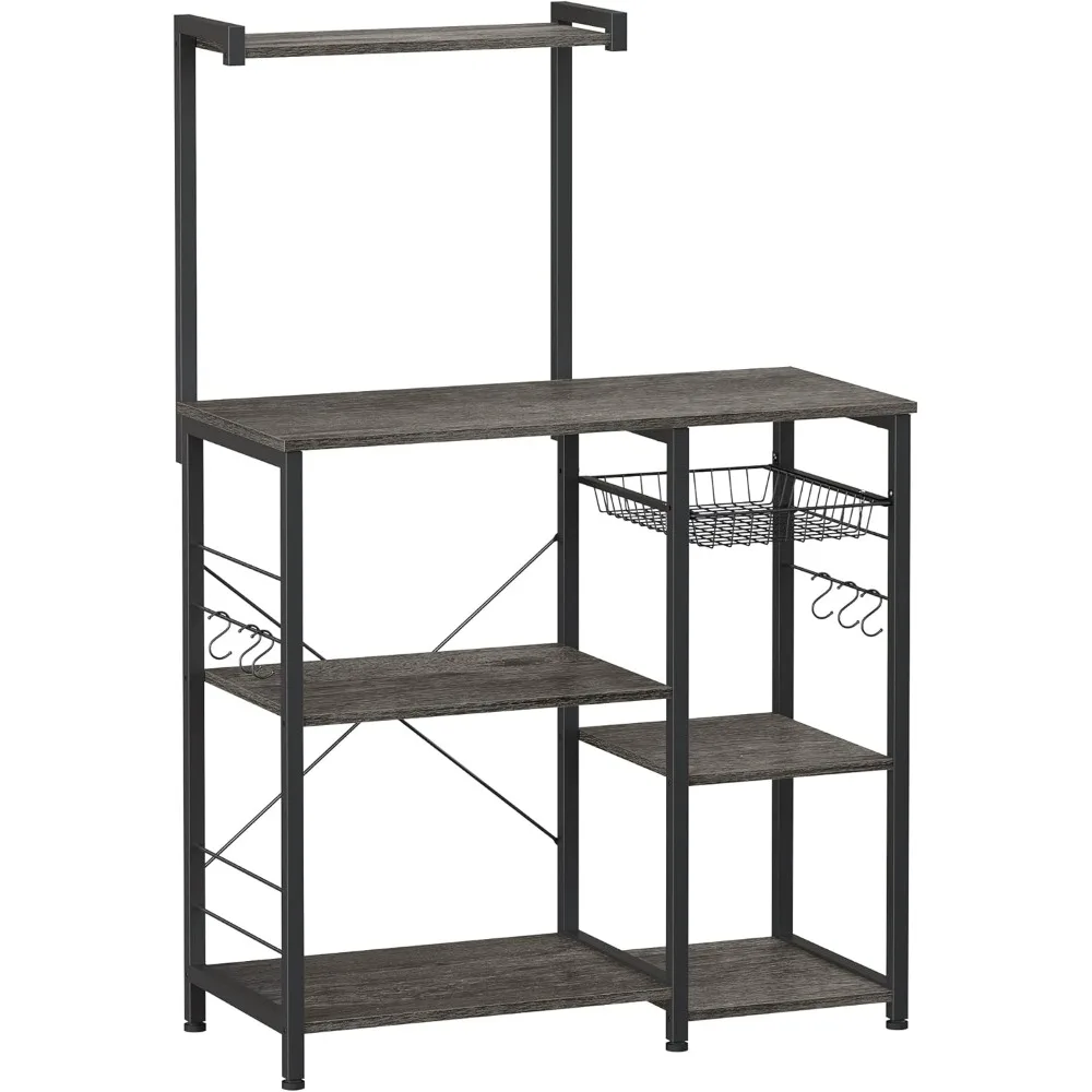 

Baker's Rack, Microwave Stand with Wire Basket, 6 Hooks, and Shelves, for Spices, Pots, and Pans, Charcoal Gray