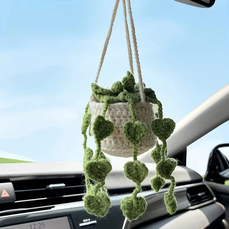 NEW Cute Potted Plants Crochet Car Basket,Hanging Plant Crochet for Car Decor,Car Ornament Rear View Mirror Hanging Accessories 4