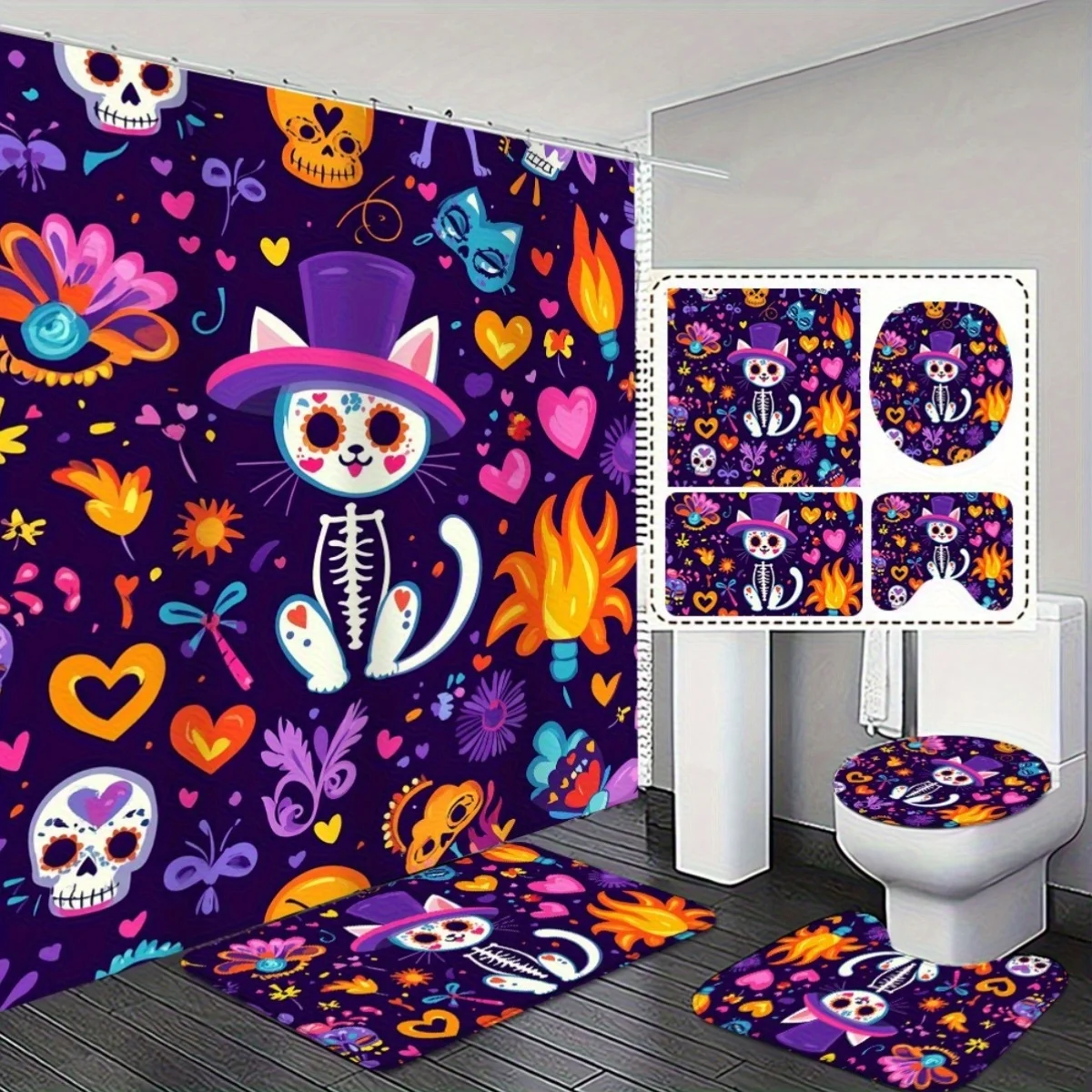 

4pcs Mexican Day of the Dead Shower Curtain Set with Non-Slip Bath & Toilet Lid Cover - Vibrant Purple & Pink Skulls, Hearts