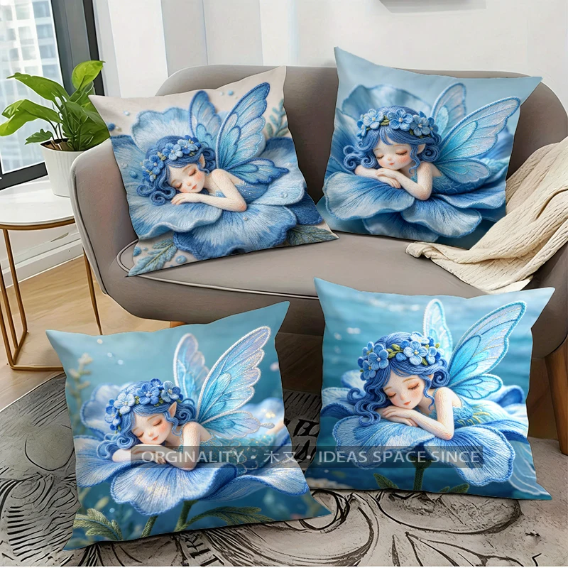 Fairy In Blue Flower Throw Pillow Covers Pattern Cushion Cover Suitable For Sofa Bedroom Car Pillow Cover