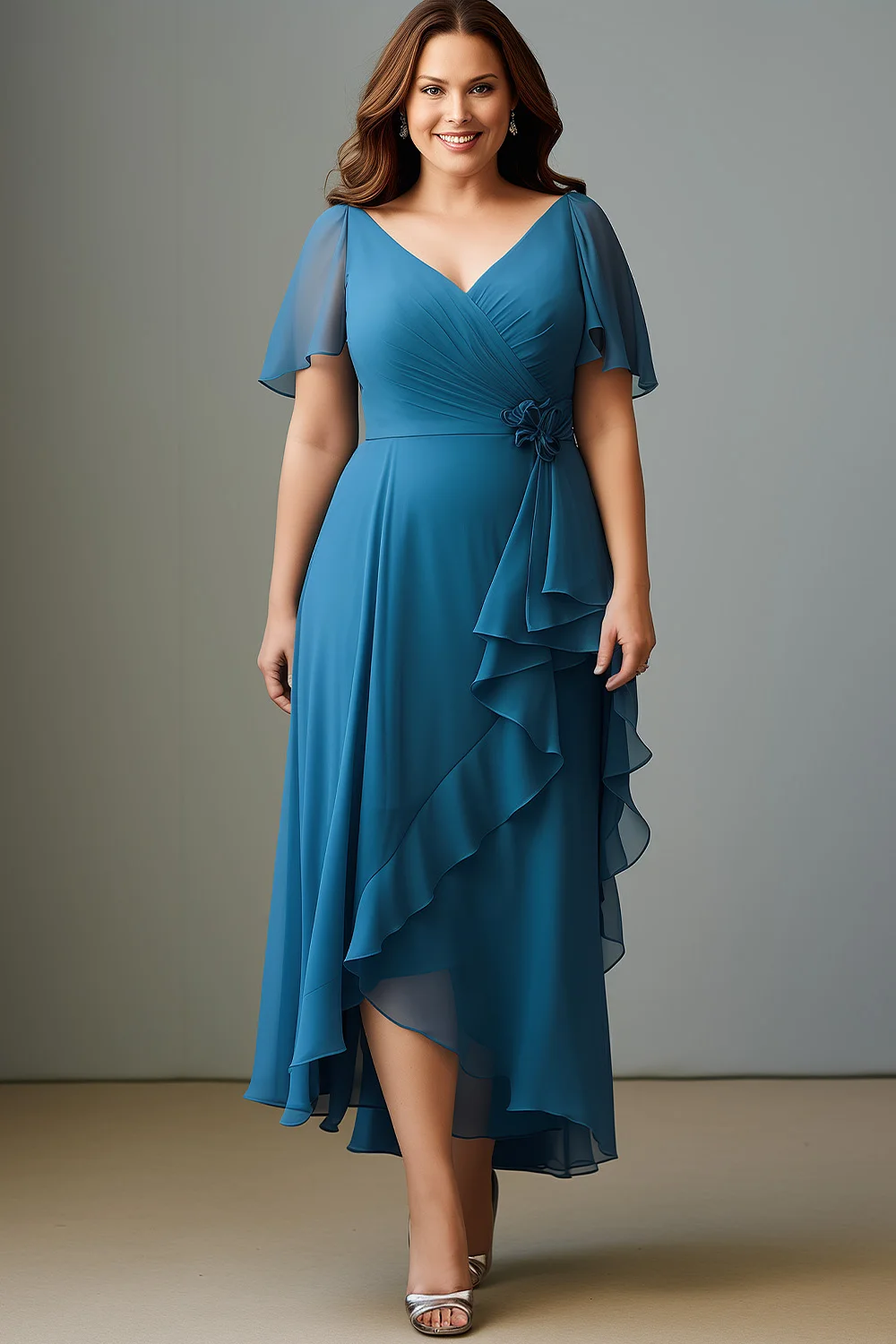 

Flycurvy Plus Size Wedding Guest Dark Blue Chiffon Wrap Flutter Sleeve Asymmetrical Hem Maxi Dress