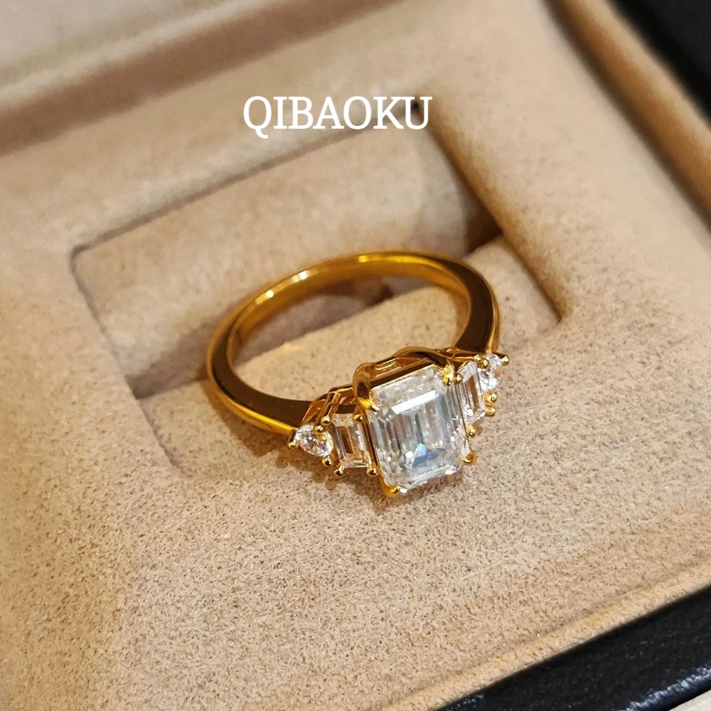 QIBAOKU 2CT Emerald Cut Moissanite Rings S925 Silver 18K Gold Plated GRA Certified Lab Diamond Wedding Band for Women Jewelry