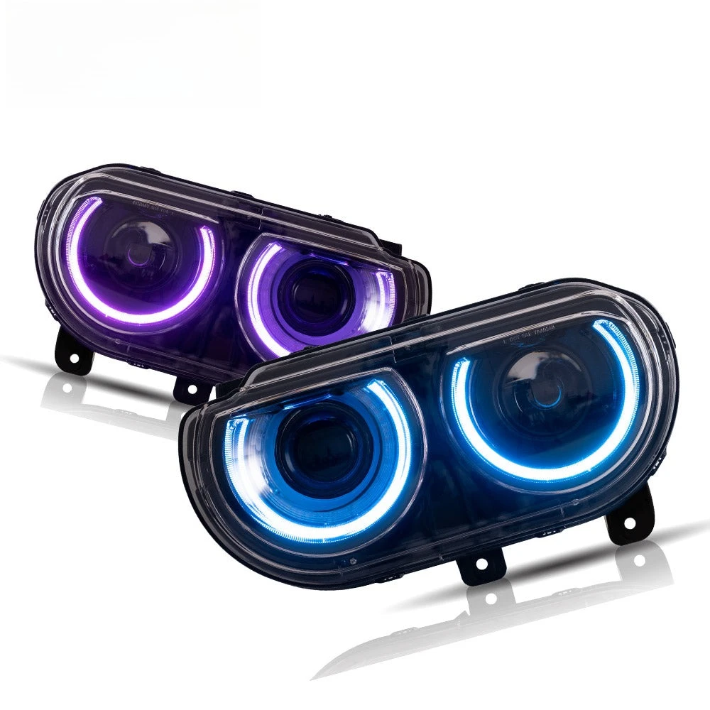2 Stück Mehrfarbige Halo-DRL-Scheinwerfer für Dodge Challenger 2015-2024 Frontscheinwerfer RGB Amber Blinker Ohne Glühbirnen Plug-and-Play IP67 Wasserdicht