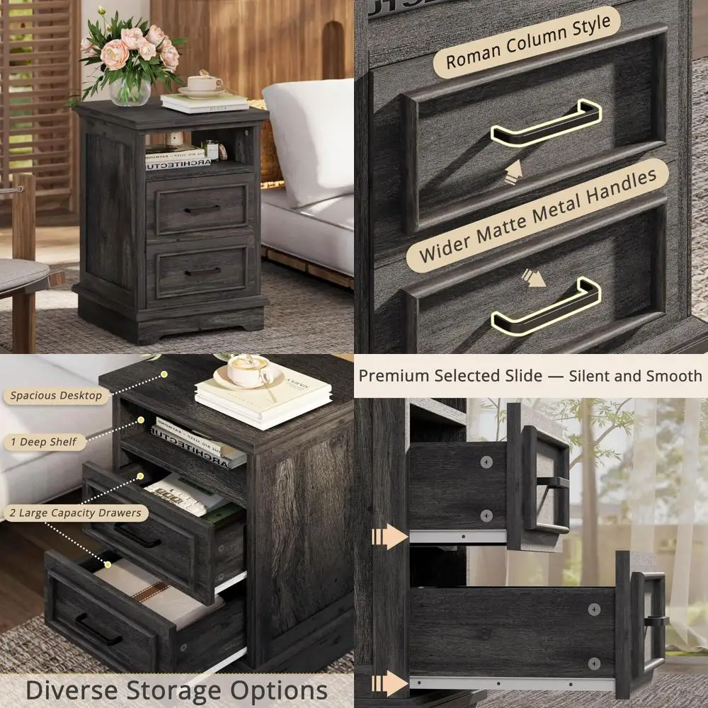 

Rustic Small Drawer Nightstand for Living Room, Bedroom Side Table with Roman Column Style