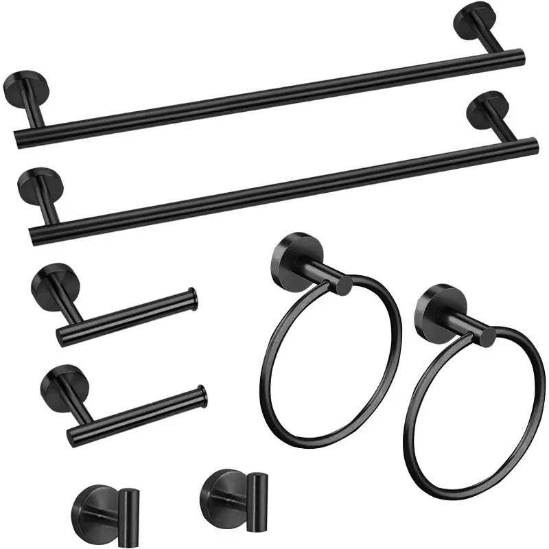 8 Piece Matte Black Bathroom Hardware Set, 24inch Bathroom Towel bar+Towel Ring+Toilet Paper Holder+ Robe Towel Hook,