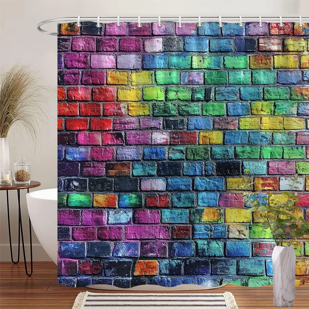 Colorful Brick Wall Shower Curtain - Rustic Abstract Design, Multicolor Bricks, Polyester,Machine Washable, Bath Decor