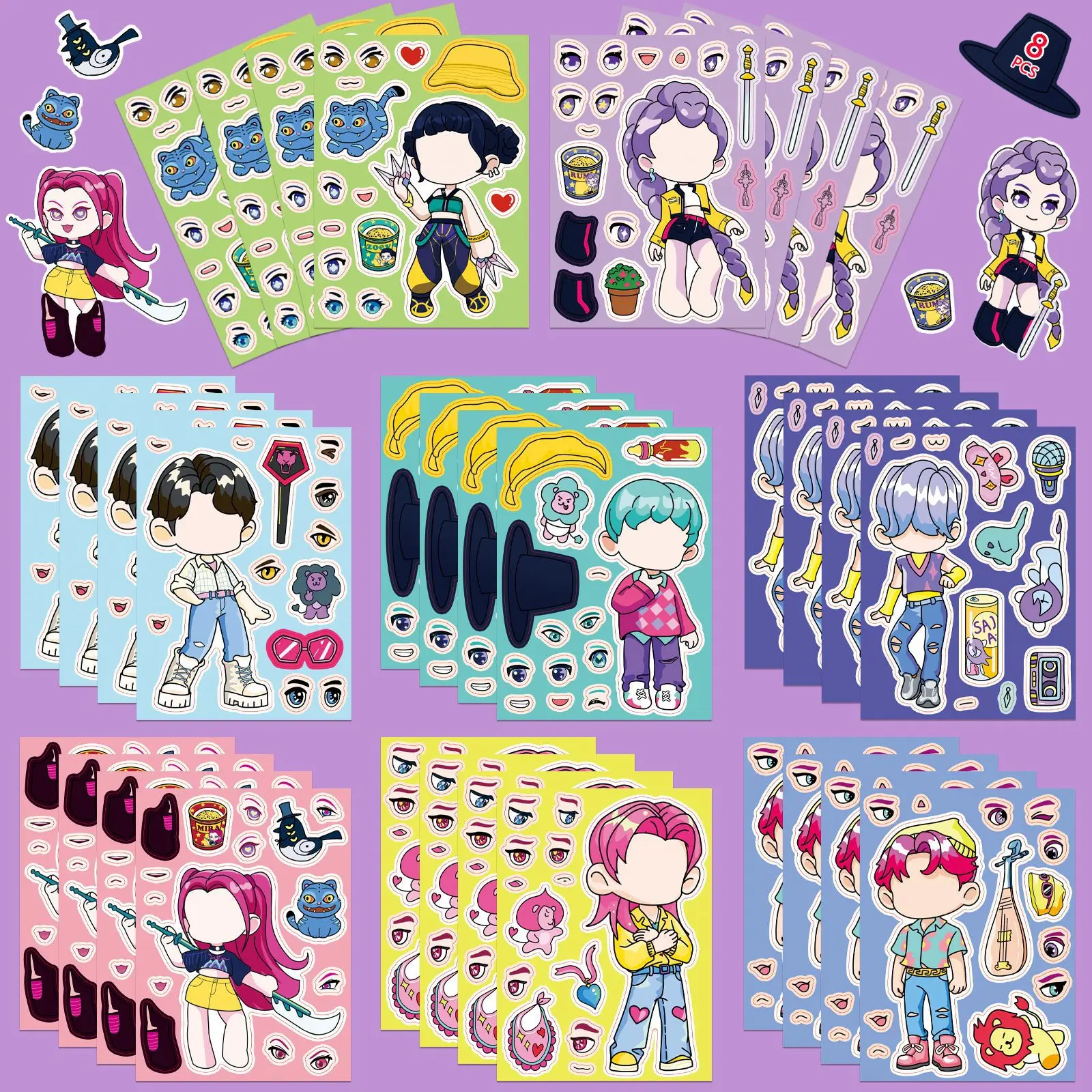 

8/16Sheets Funny Kpop Demon Hunters Make A Face Puzzle Stickers Kids Make Your Own DIY Game Children Jigsaw Education Toy Gift