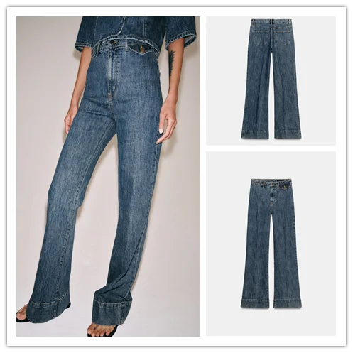 Early Autumn New Arrival High Waist Bell Bottom Denim Pants Women's Fashion Versatile ZR Style Polyester Fiber Zipper Closure