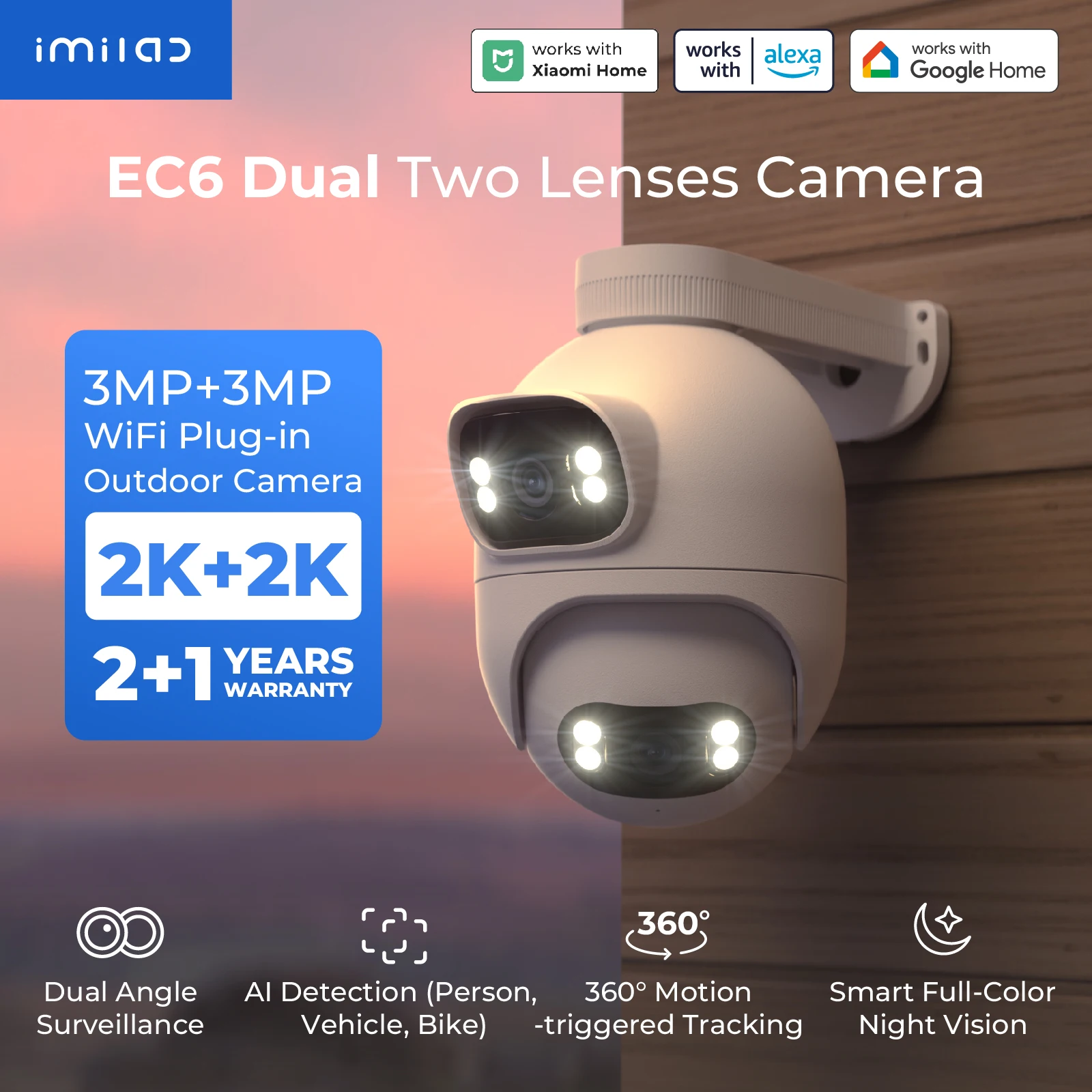 IMILAB Outdoor Surveillance Camera Dual Lens 360° PTZ Camera Colour Night Vision WiFi/LAN 7/24 Work EC6 Dual With MiHome App