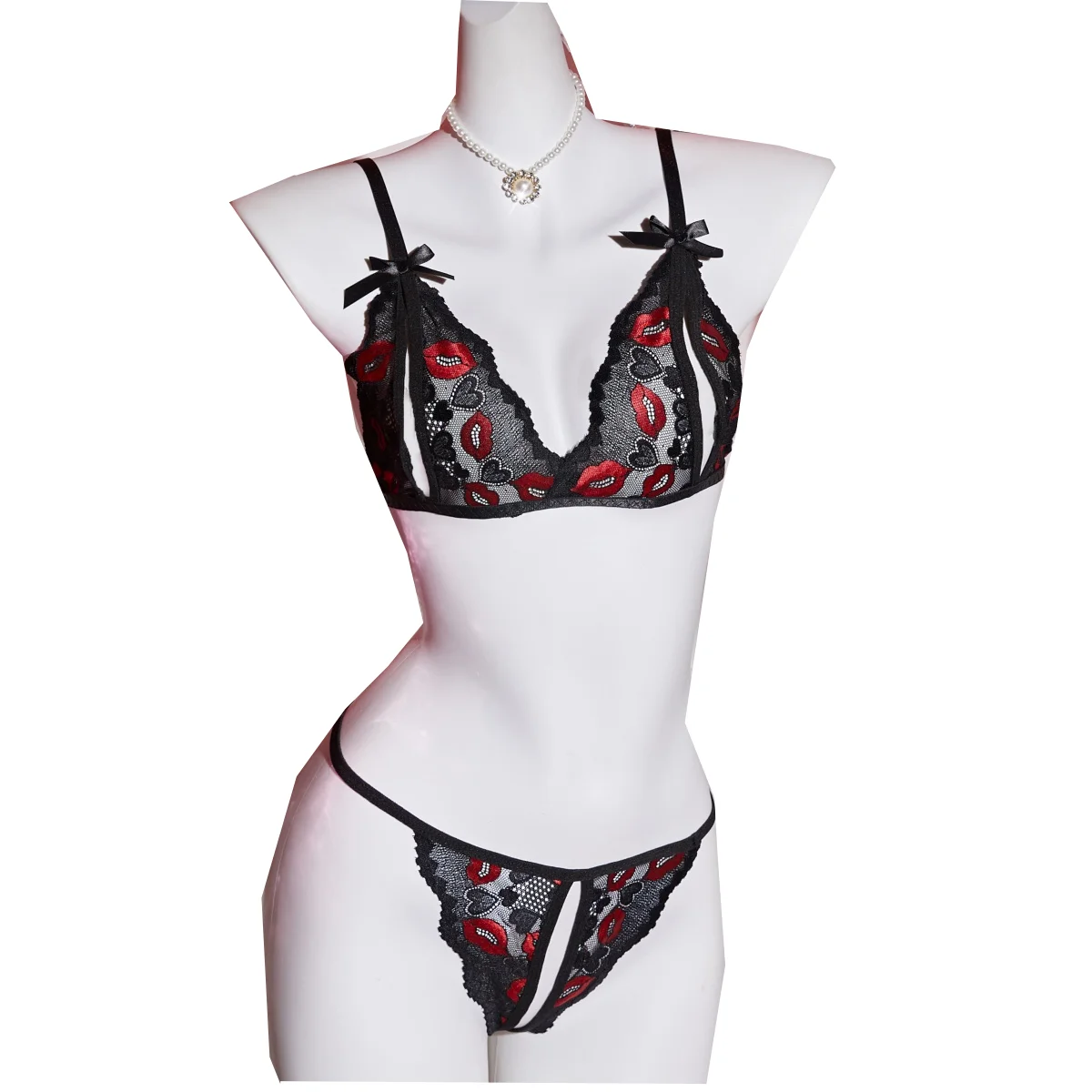 

New Womens Sexy Open Cups Bra Lingerie Exposed Nipples Bralette Romantic Underwear Nightwear Sheer Lace Open Crotch Thong Set