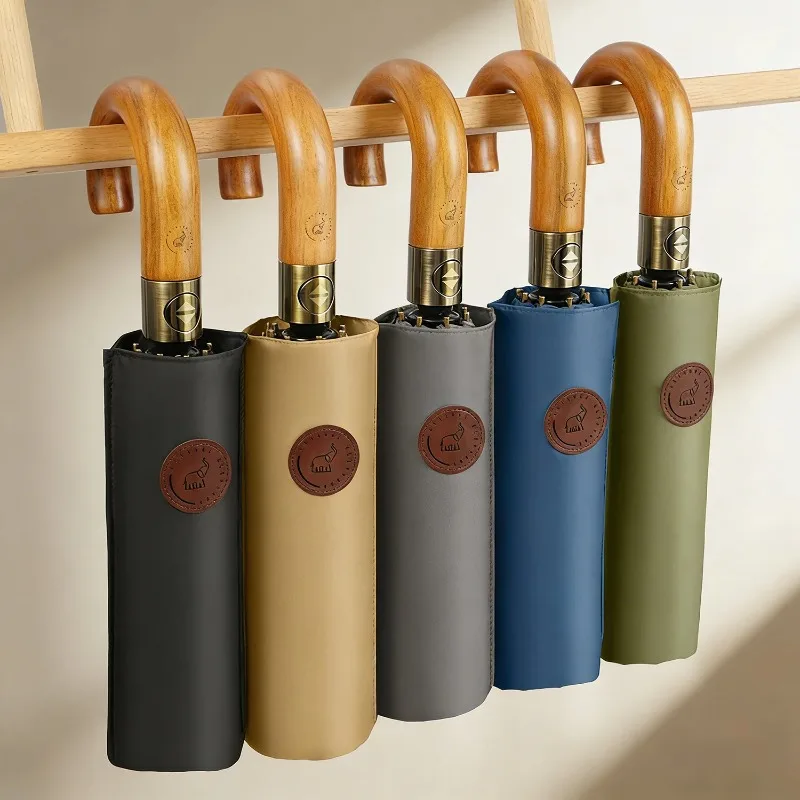 Large Automatic Umbrella Man Business Style Wooden Handle Foldable Umbrella Woman Windproof 10 Ribs Travel Golf Big Umbrellas