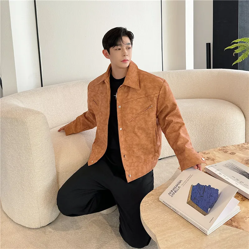 

Ретро-куртка из искусственной кожи в повседневном стиле для мужчин, модный корейский дизайн, осенняя, ветрозащитная, на молнии, однотонная, для активного отдыха