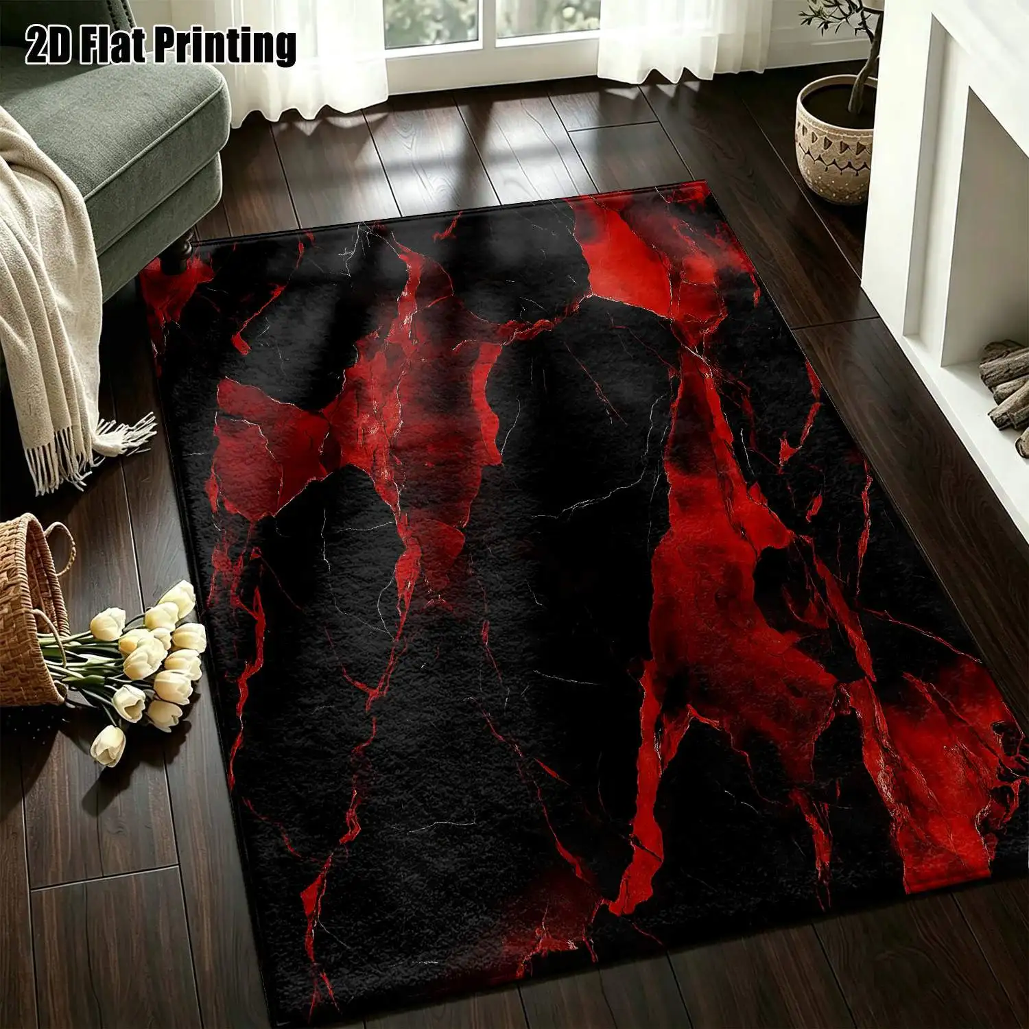1Pc 2D Printed Carpet: Red & Black Abstract Art, Nordic/Instagram Style, Modern Minimalist, Vintage European Floor Mat, Multi-Size, Machine Washable, for Entrance, Dining, Foyer, Bedroom, Living Room Home Decor