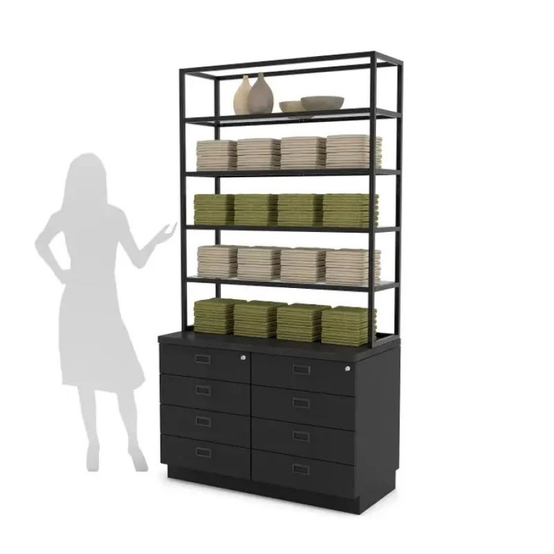 Custom. Keway Wooden & Metal Deluxe Wall Display Storage Racks with Drawers and Shelves for Retail Store