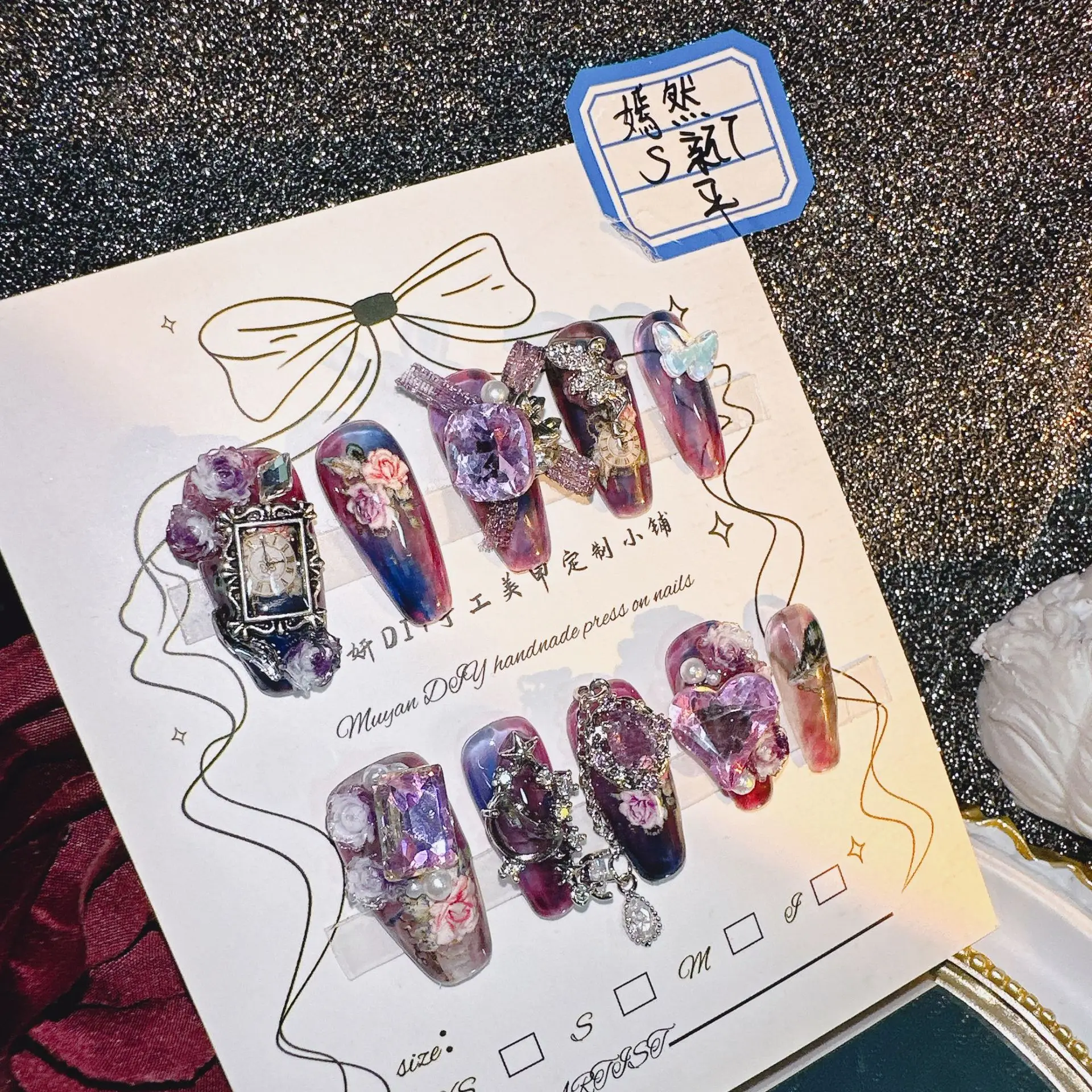 ملصقات فنية للأظافر مصنوعة يدويًا، أرجواني - أزرق متدرج، سهلة التطبيق وطويلة الأمد، مثالية للولائم #3