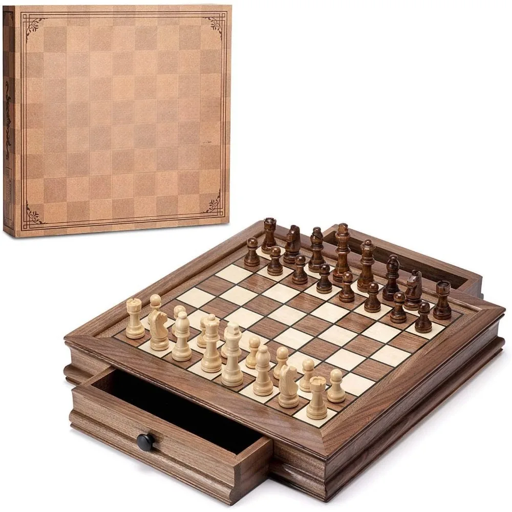 

Magnetic Wooden Chess Set, 12.8" X 12.8" Walnut Chess Board Game 2 Built-in Storage Drawers Chess for Beginner, Kids and Adults