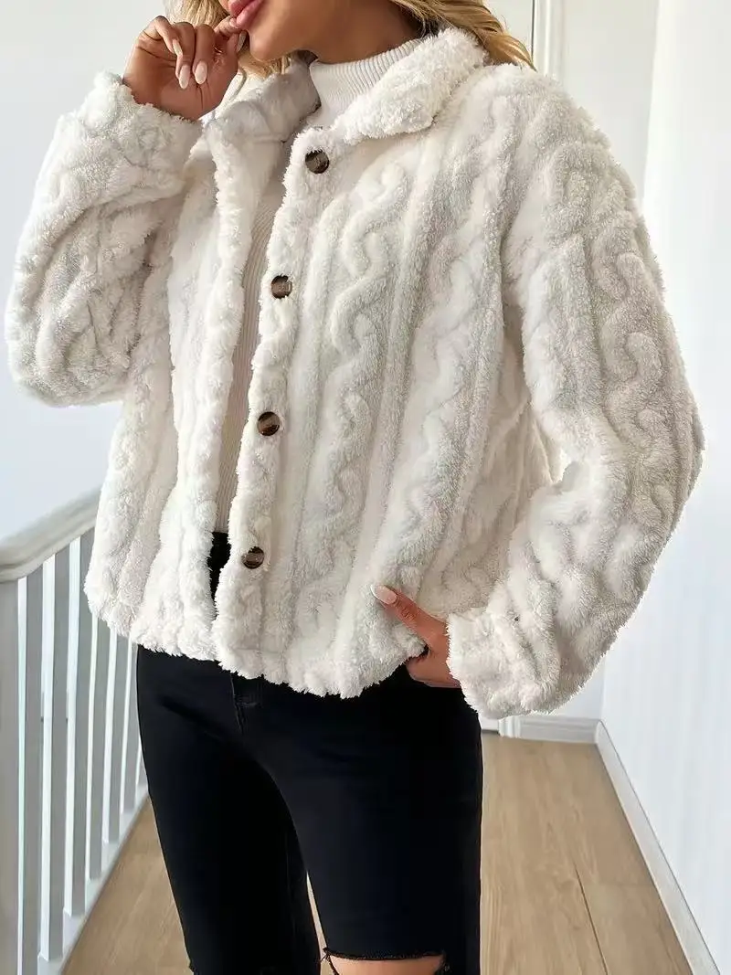 

2025 Women Autumn Long Sleeve Jacket White Single Breasted Thick Plush Warm Coat Winter Loose Cardigan Soft Lady Coat