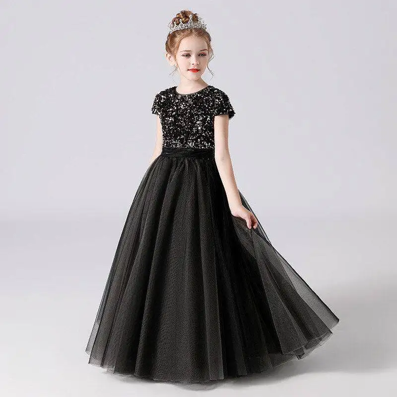 

Black Color Princess Party Dress for Girls High End Host Catwalk Long Dress Kids Sequined Mesh Piano Performance Dress