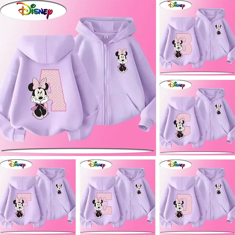 

Disney Alphabet A-Z Children's Zippered Hooded T-Shirt with Mickey and Minnie Cartoon Print - Cute and Casual Girls' Shirt