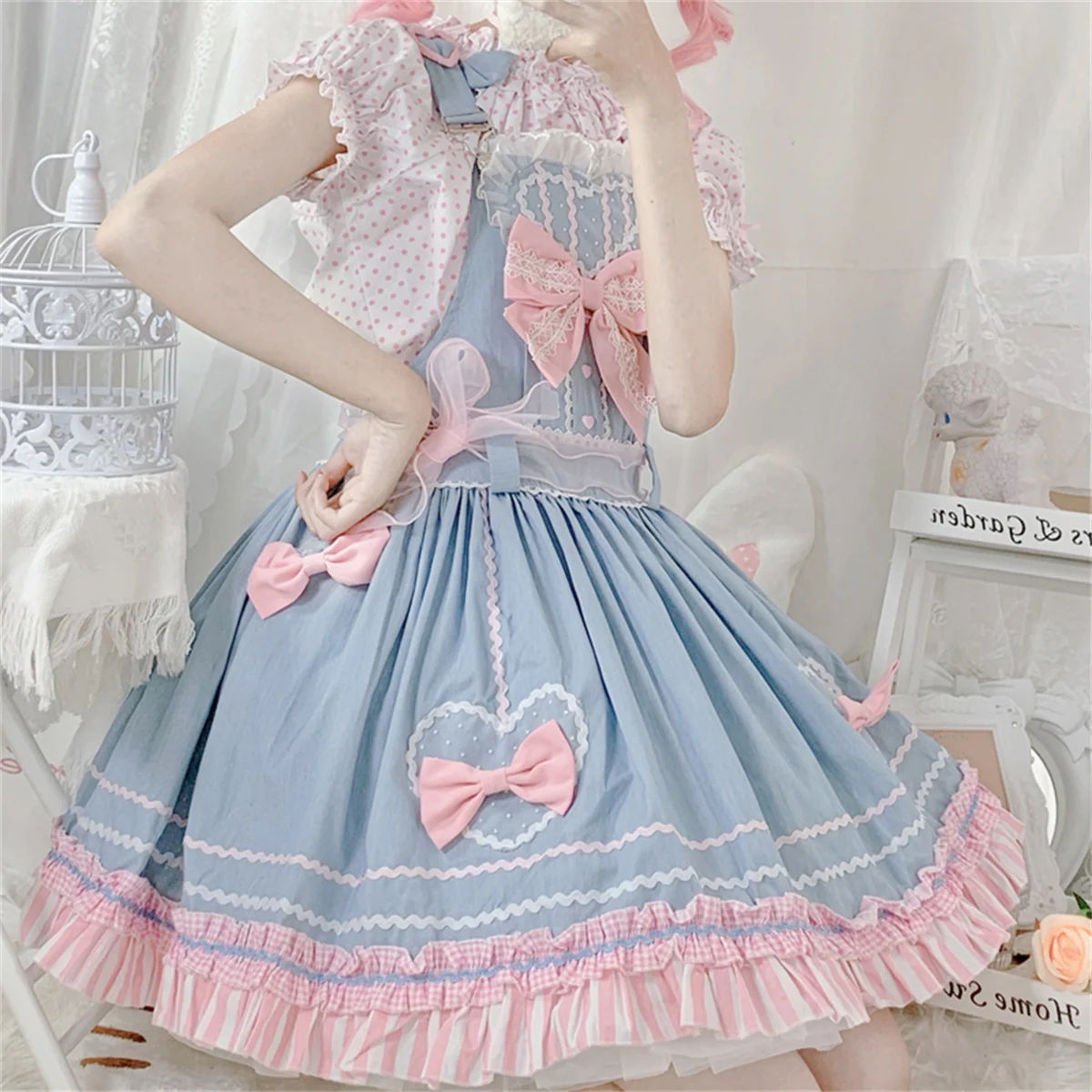 Japanischen Stil Kawaii Mädchen Cosplay Lolita Jsk Nette Anzug Top + kleid Süße Loli Polka Dot Puff Sleeve Top Spitze bogen Rüsche Kleid