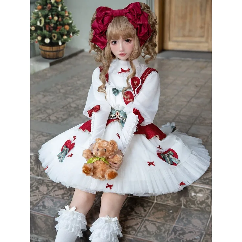 Japanese Victorian Christmas Lolita  Dress Women Kawaii  Long Sleeve Top Sweet Lace Heart Bow Sundresses Y2k JSK