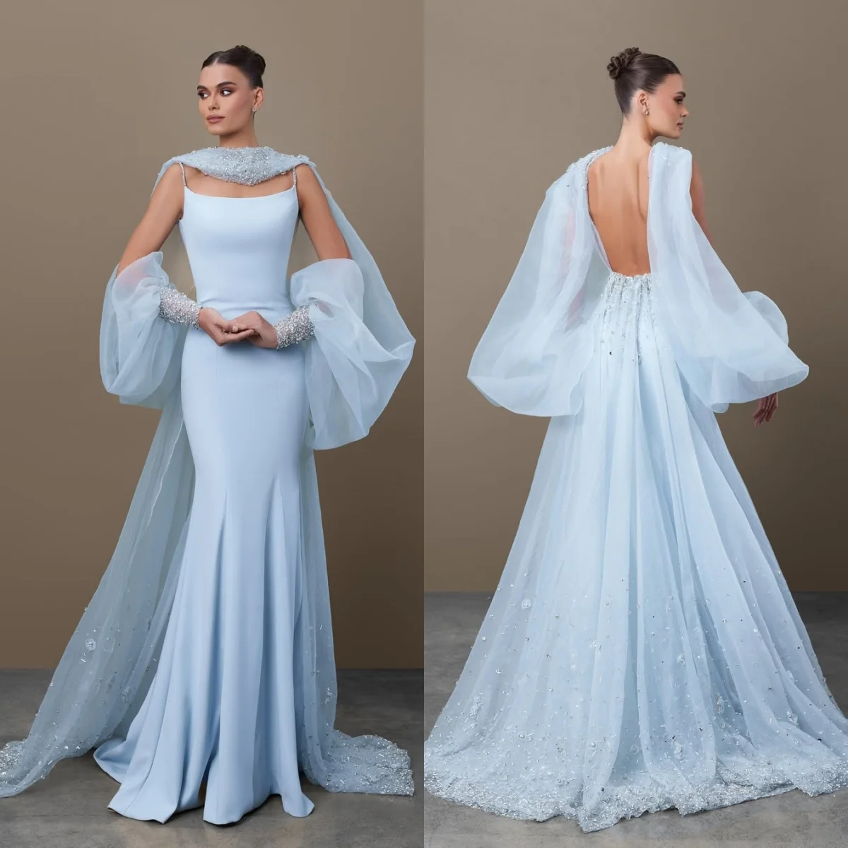 

Customized Exquisite Beading Organza Puff Sleeves Evening Dress Graceful Mermaid Celebrity Gowns Sexy Backless Party D
