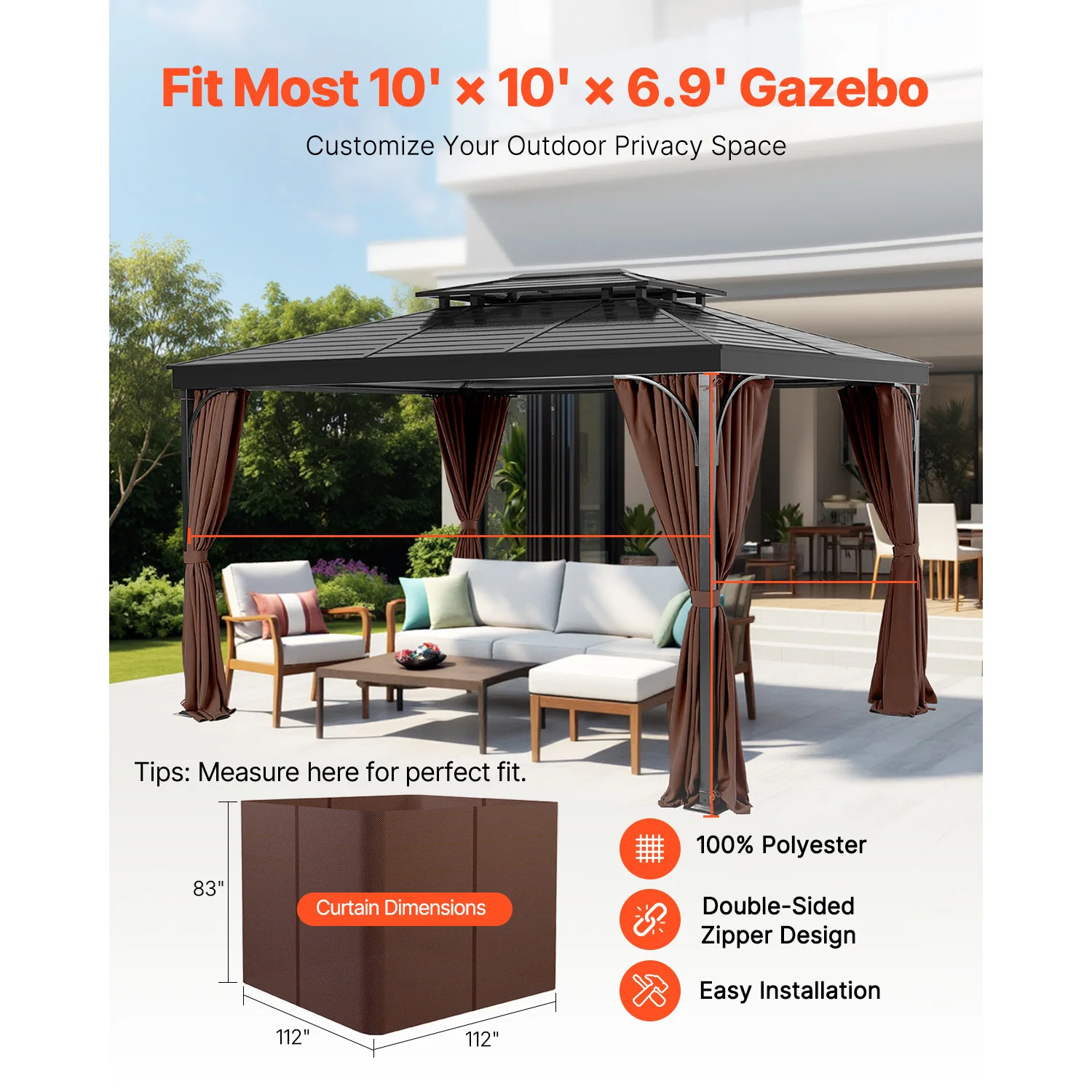 Gazebo Curtains Outdoor, Compatible with Most 10' x 10' x 6.9' Gazebos, 4-Panel Sidewall Gazebo Privacy Curtains with Zippers, Outdoor Curtain Replacement for Patio Canopy, Only Curtain, Coffee