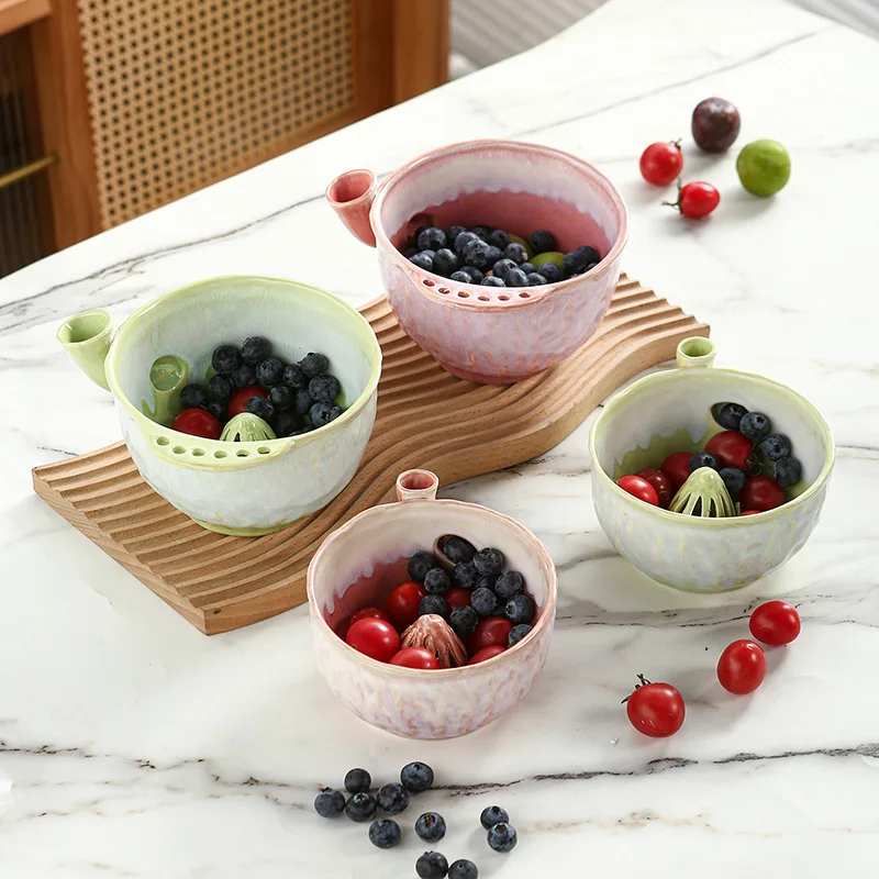 Ceramic Berry Whirlpool Bowl Home Kitchen Drain, Rotating Fruit Cleaning Bowl Strawberry Blueberry Cleaning Drain Kitchen