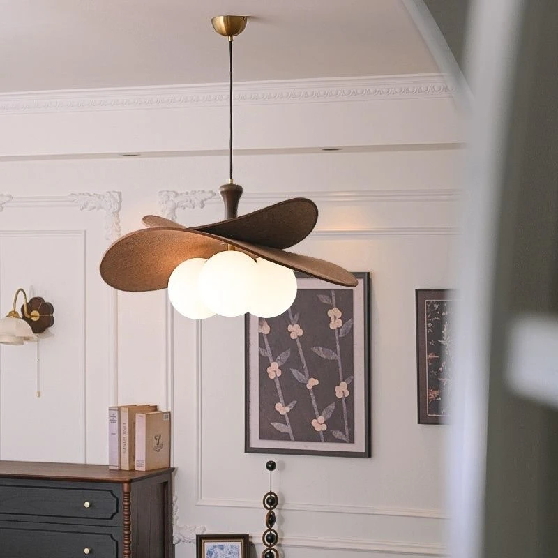 French Retro Restaurant Magic Bean Pendant Lamp Antique Style Solid Wood Bedroom Lamp Designer's Simple Rattan Woven Study Light