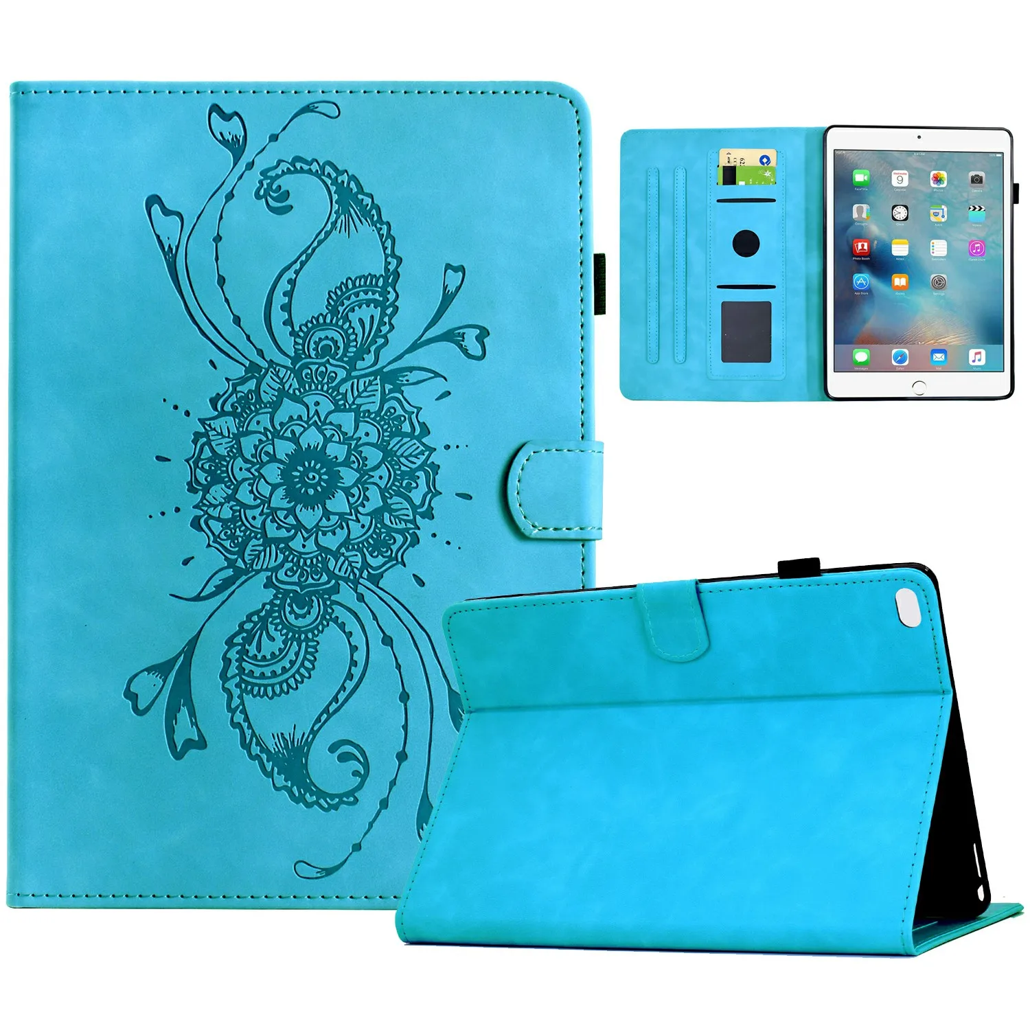 

Leather Case For iPad 9.7-inch (2018) / (2017) / Air 2 / Air (2013) Mandala Imprinted Tablet Cover with Card Slots - Sky Blue