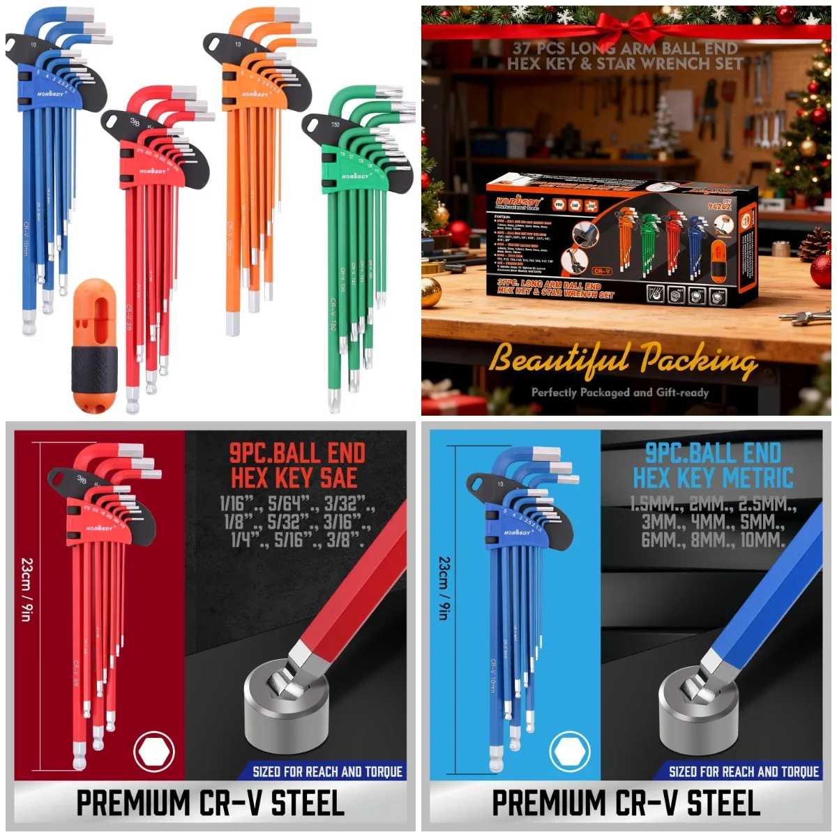 

Набор шестигранных ключей из 37 предметов, SAE и метрический шаровой конец, длинная ручка, промышленный класс с крутящейся ручкой