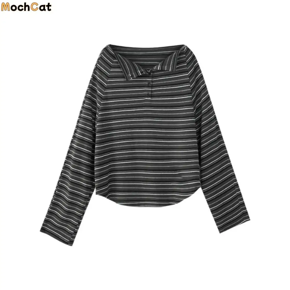 

Fashion Retro Stripe Long Sleeve T-shirt Loose Chic Button Pullover Irregular Stylish Y2k Crop Tops Women Autumn