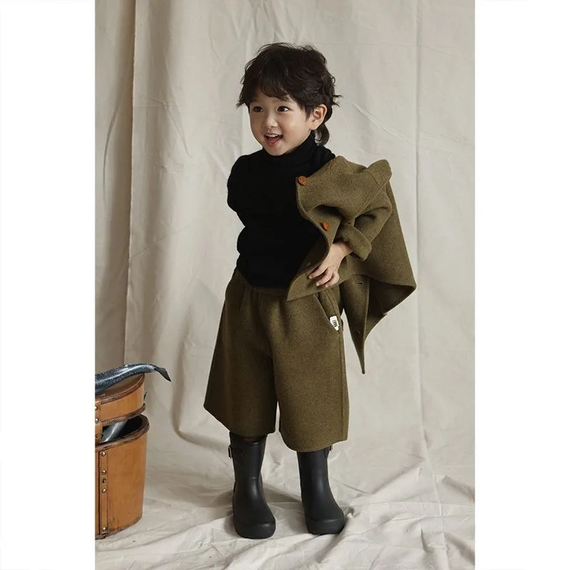 Boys' Woolen Suit 2025 New Autumn and Winter Double-sided Woolen Baby Clothing Korean Version Handsome Children's Two-piece Set